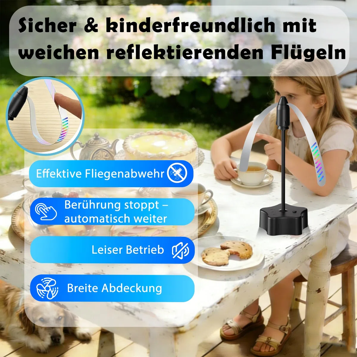 4er Fliegenwedler, USB-C aufladbar Fliegenfächer für Tische, tragbarer Fliegenabwehr Ventilator mit holografischen Reflexflügeln, leiser Fliegenvertreiber für Innen und Außen, Grillen, Picknick