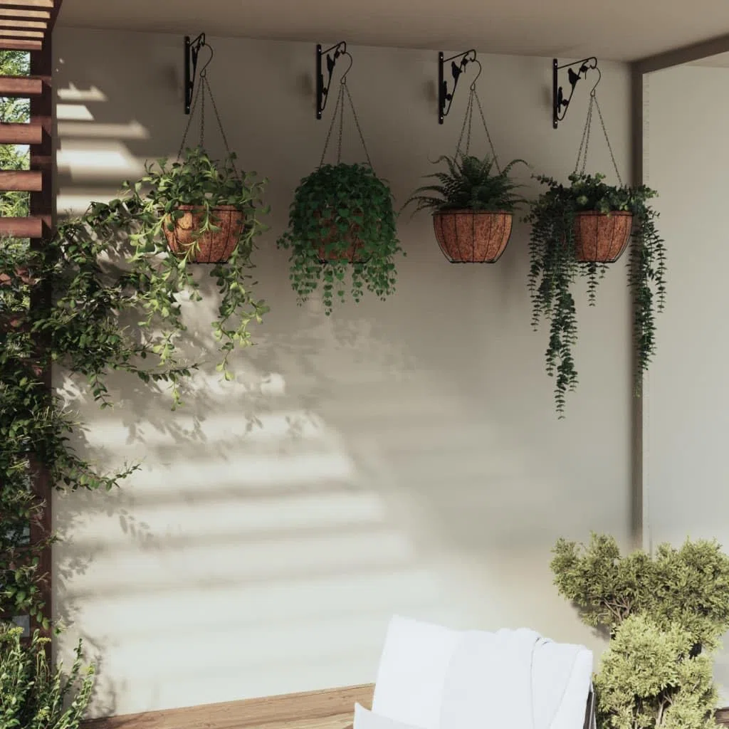 Blumenampeln mit Halterungen und Pflanzeinlagen 4 STK, Schwarz Stahl, robuste Wandhalterung für Blumentöpfe, Laternen und Gartendekoration, praktische Hängeampel