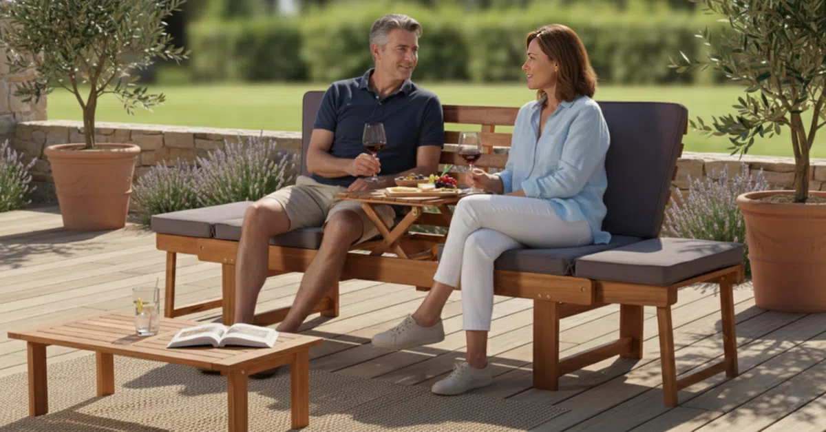 Gartenbank mit Tisch - 2 Sitzer Natur Holzbank aus Akazie Wetterfest Monte | Elegante Outdoor Sitzbank und Balkonmöbel Set, robuste Gartenbank Holz für Balkon & Terrasse, inklusive Kissenauflagen