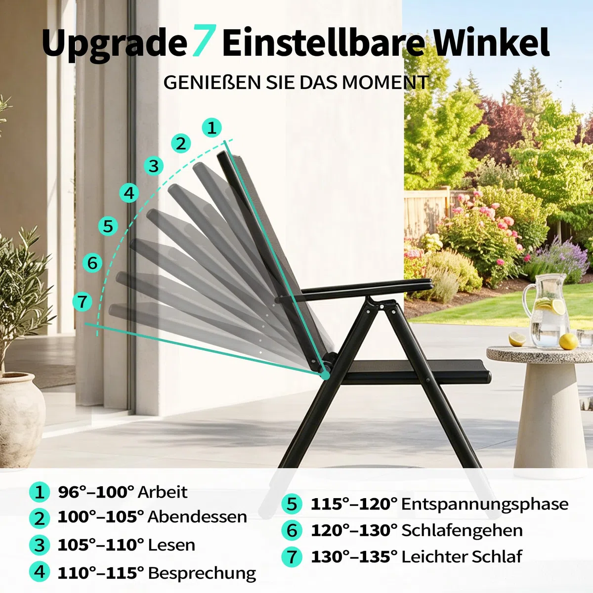 2026 Aufwertung 4er Set Klappbare Hochlehner Gartenstühle, Regulierbarer 7 Winkel Wetterfeste Terrassenstühle mit Atmungsaktives Textilene & Stahlgestell für Garten, Balkon, Terrasse, Poolbereich