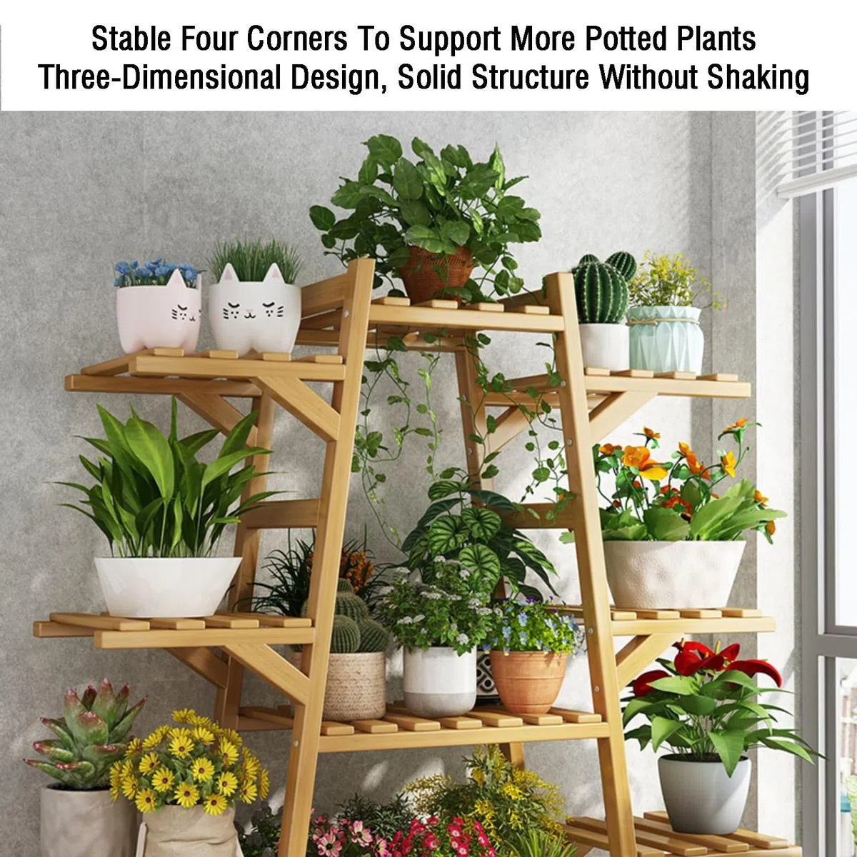 Generisch 12-Tier Solid Wood Plant Stand - Vertical Flower Rack for Indoor/Outdoor Garden - Space-Saving Storage Shelf with Green Trays for Home & Courtyard Decor