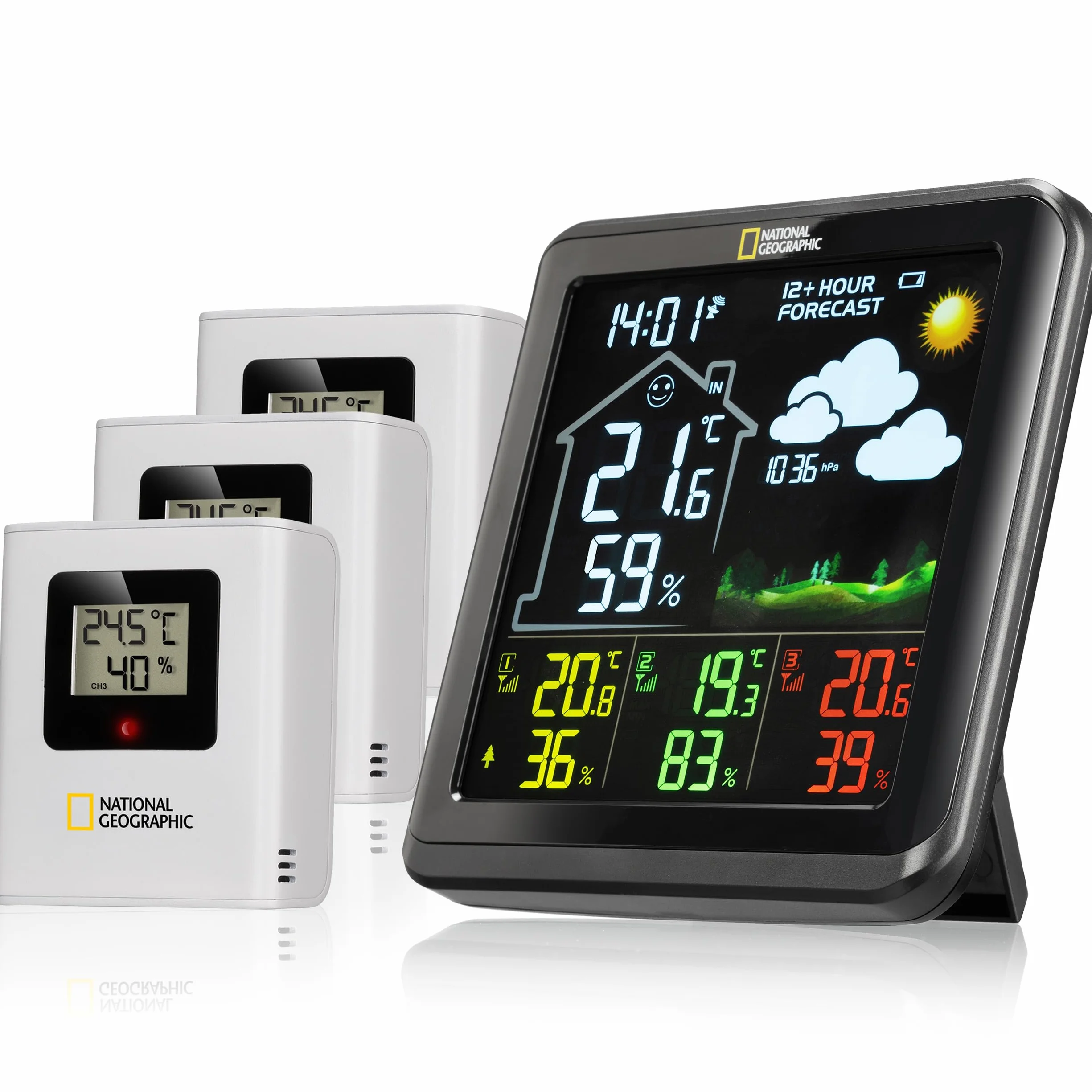 National Geographic 9070710 Wetterstation Funk mit Aussensensor VA Farb-Wetterstation mit 4 Messbereichen für Innen oder Außen, schwarz
