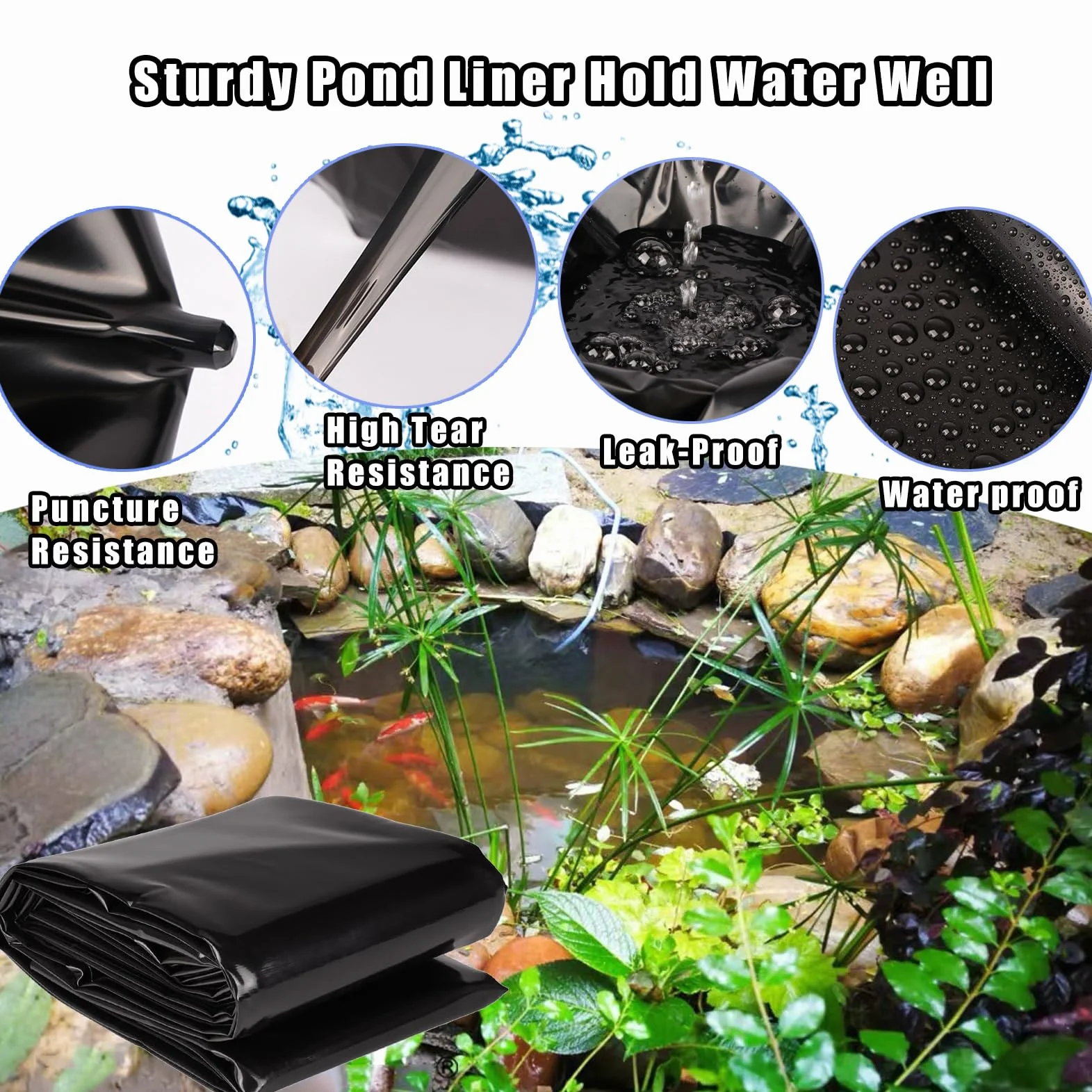HDPE-Teichfolie 6x6m, strapazierfähige Stärke, für Fischteiche, Springbrunnen, Koiteiche, Wasserfälle und als Schutzlösung. Robuste, wasserdichte Auskleidungslösung.