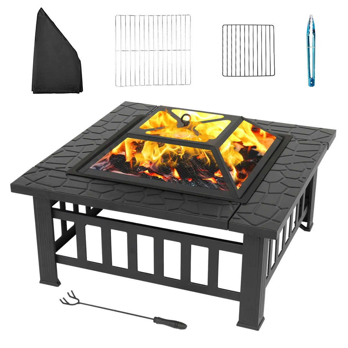 LEADZM Feuerschale mit Grillrost | Feuerkorb 3-in-1 Multifunktional, Feuerhaken & Schutzhülle, Feuerstelle für Holz/Kohle, BBQ Party Garten Terrasse Outdoor,82 x 82 x 52 cm