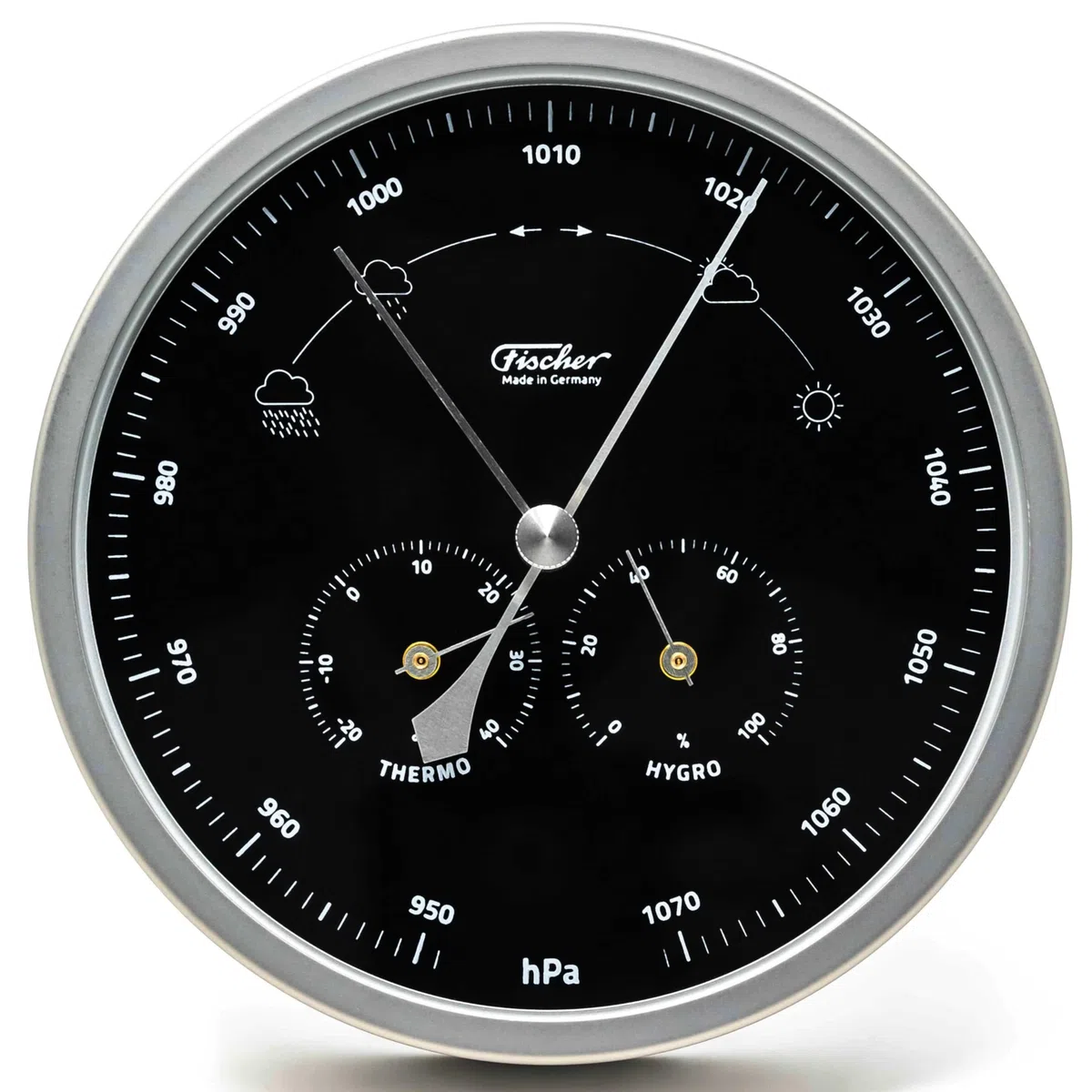 Fischer 1602-01.06 Außen-Wetterstation, Glas, Edelstahl, Polymeter | Thermometer, Barometer, Hygrometer, schwarzes Ziffernblatt, Messbereich 20-100 % r. F., 160mm Durchmesser, Made in Germany