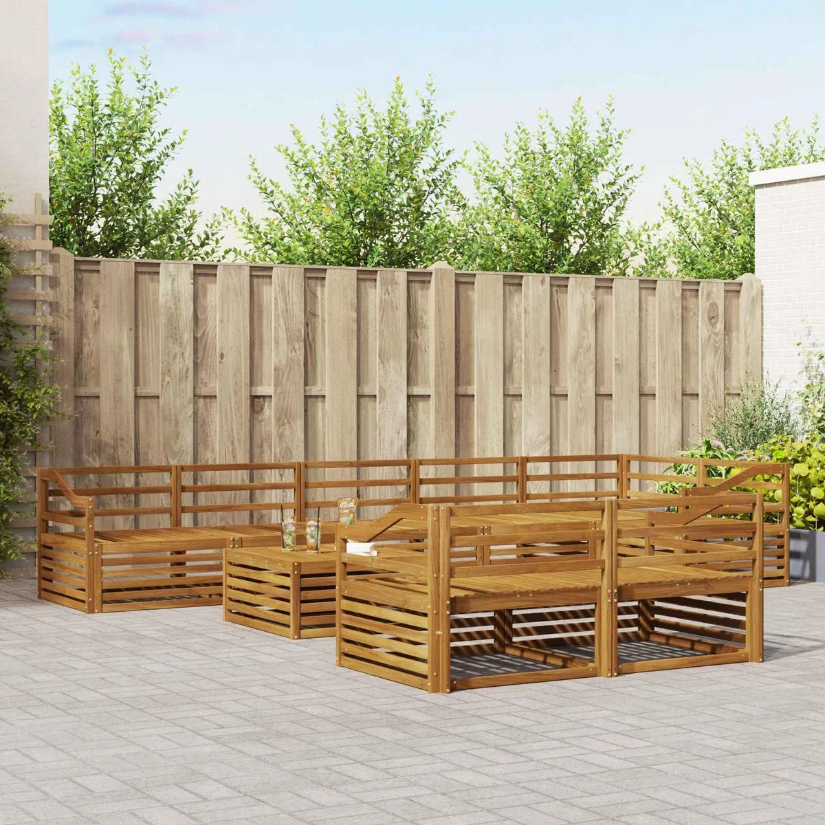 Gartenmöbelset 9-teilig aus massivem Akazienholz wetterfestes Design für Terrasse Balkon Garten Esszimmer Wohnzimmer Sitzgruppe mit Tisch, Sofas, Armlehnen, modulare Konfiguration