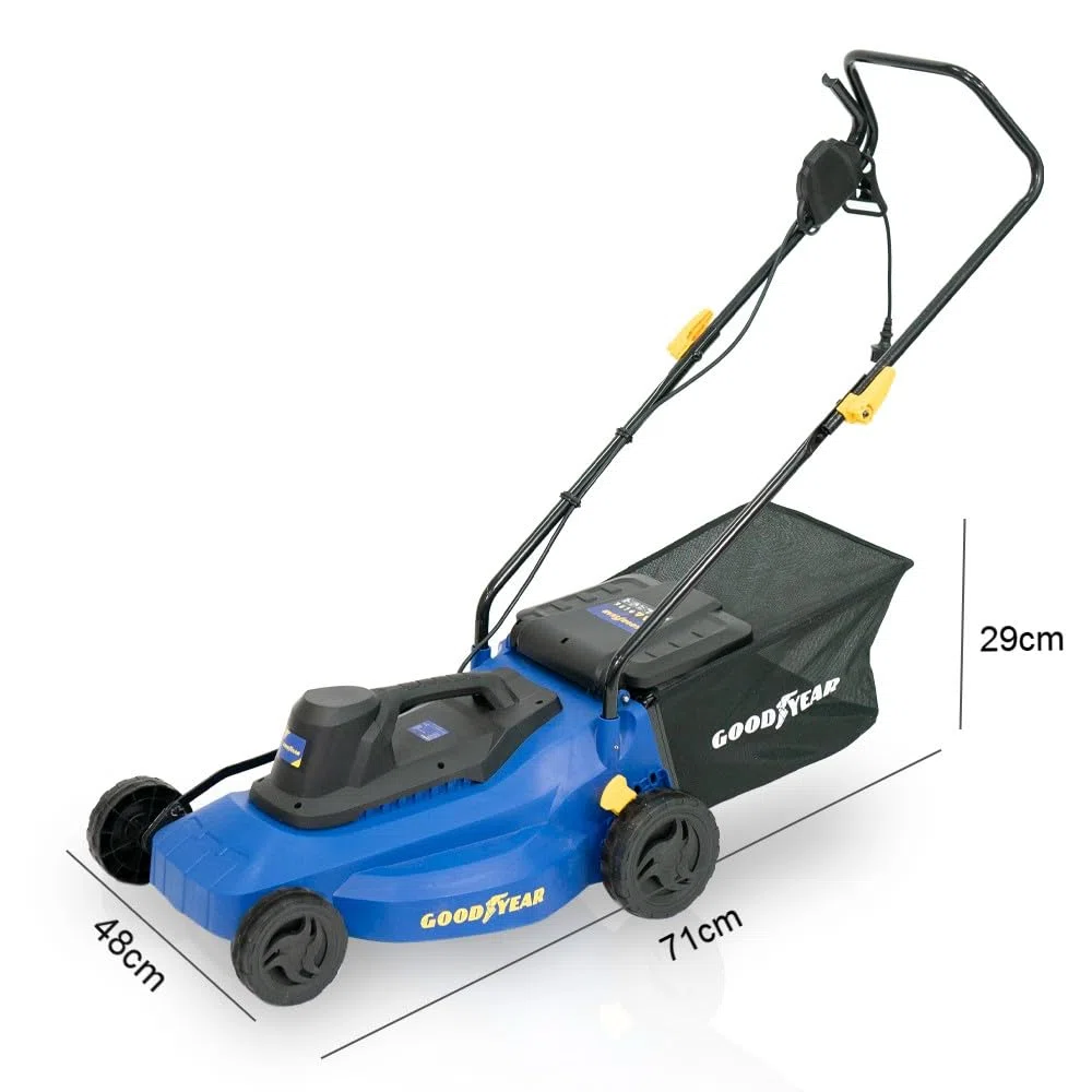 Goodyear – 1800 W elektrischer Rasenmäher. Motor 3200 U/min 210–230 V. Kabelgebundener Rasenmäher mit 40 cm Schnittbreite. 71x48x29cm. Fangsack 35 Liter