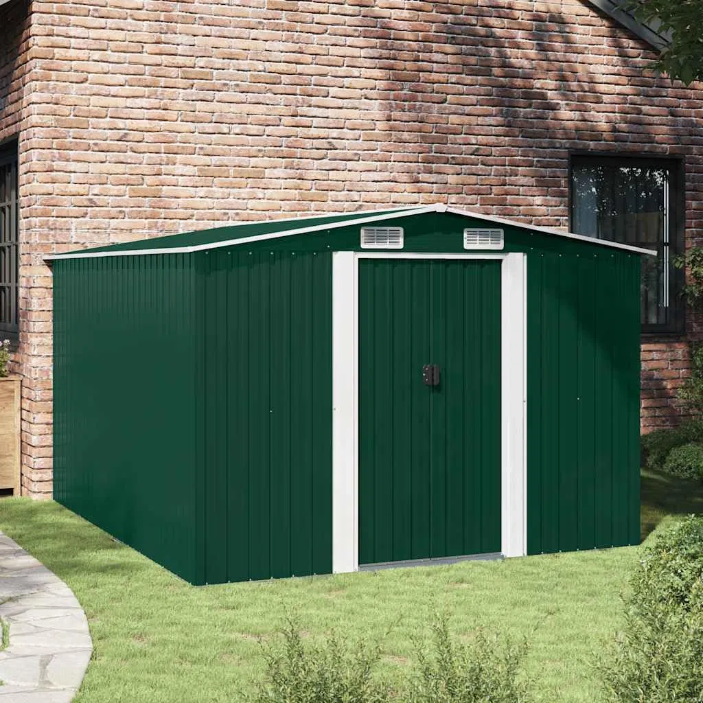 Gerätehaus Metall grün 257x298x178 cm verzinkter Stahl Gartenschuppen mit Lüftungsgittern, Schiebetüren, geräumig für Werkzeugaufbewahrung und Gartenlagerung im Außenbereich Terrasse