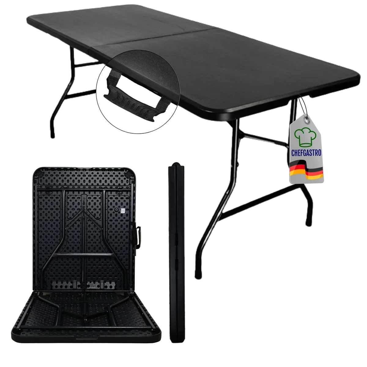 CHEFGASTRO Buffettisch klappbar 180x75cm Gartentisch wetterfest mit Tragegriff 8 Personen Kunststoff Schwarz Klapptisch Tragbar Campingtisch Outdoor für Garten Terrasse Balkon Balkontisch Partytisch