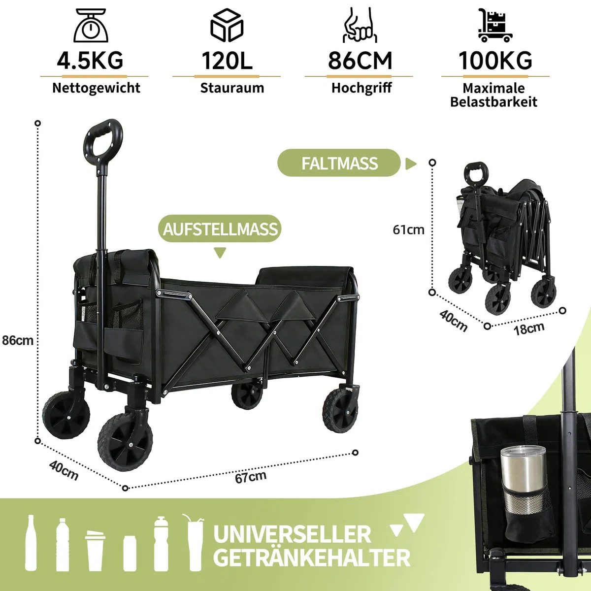 Bollerwagen faltbar,Tragfähigkeit 210 kg, Multifunktionaler Faltwagen mit geländegängigen Rädern, tragbar für Camping, Garten, Einkaufen und Strand (Schwarz, 120L 100 kg Tragfähigkeit)