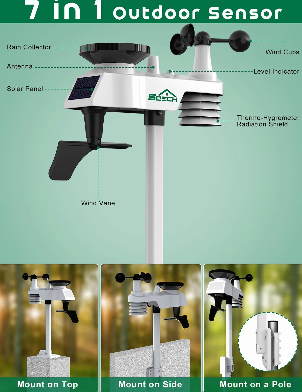 SQECH Wetterstationen Innen und Außentemperatur Funk mit Wettervorhersage | 7-in-1 Wetterstation Funk mit Außensensor, Regenmesser, Windmesser, Temperatur, Luftfeuchtigkeit, Mondphase, Datum, Wecker