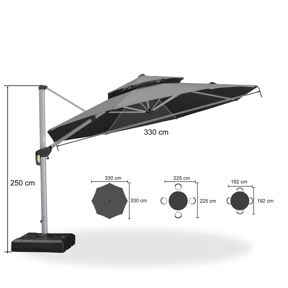 PURPLE LEAF Ampelschirm Rund 330 cm mit Ständer, Bespannung Polyester, Grau | 6-fach Verstellbar, Sanfte 360°-Drehung, Schirmständer, Doppeldach-Belüftung, Stabiler Rostfreier Alurahmen, Ampelschirm