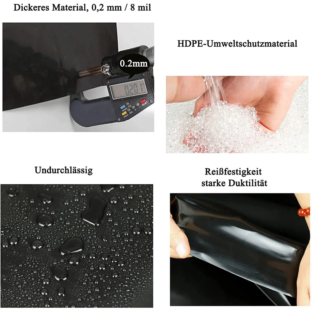 Hochdichte Polyethylen-Teichfolie, 2 mm dick, Fisch- und pflanzenverträglich, flexibel und wasserdicht. Ideal für Fischteiche, Springbrunnen, Wassergärten und Wasserfälle. Schwarz.