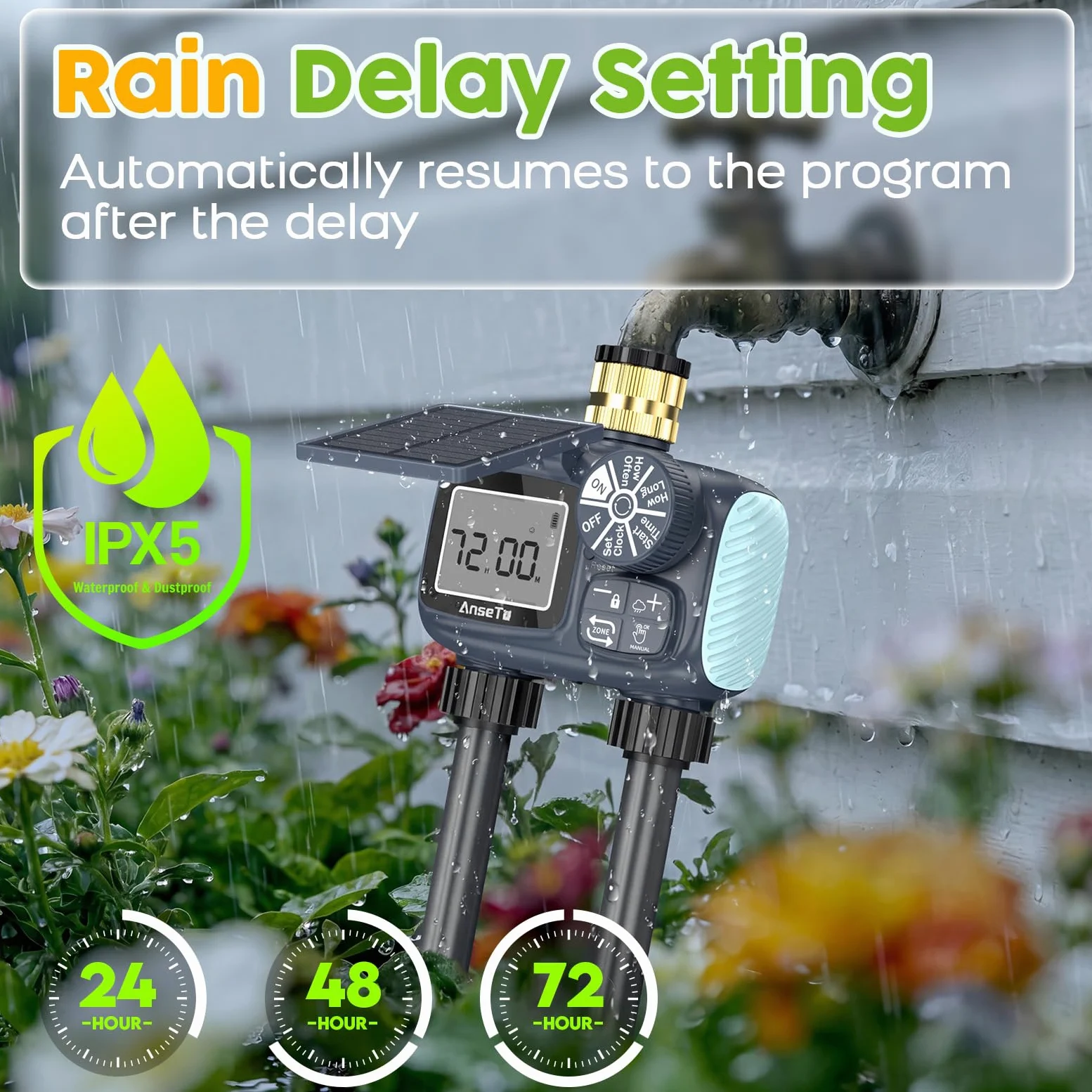Solar Bewässerungscomputer mit 2 Zonen für Garten, Rasen, Pflanzen | Programmierbare Bewässerungssteuerung mit Solar & USB-C Aufladung, ideal für Garten,Rasen,Gemüsebeete und Urlaubsbewässerung