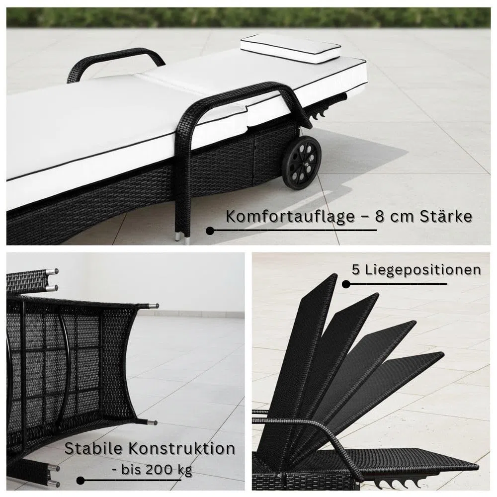 RS Trade Sonnenliege Gartenliege Wetterfest Rattan – XXL Relaxliege extra breit mit Rollen & Armlehnen, Verstellbar, bis 200kg, Outdoor Liege für Garten, Terrasse & Balkon, schwarz mit weißer Auflage
