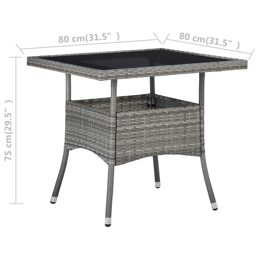 vidaXL Gartentisch für 4 Personen Esstisch Terrassentisch Balkontisch Rattantisch Gartenmöbel Tisch Grau Poly Rattan Glas 80x80x75cm