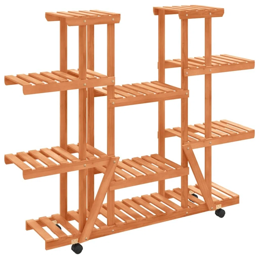 Blumenständer mit Rollen 110x25x115 cm Pflanzenregal Holz Indoor Outdoor Mehrstöckig Pflanzentreppe Tannenholz Symmetrisch Blumenregal für Wohnzimmer Balkon Terrasse Natur