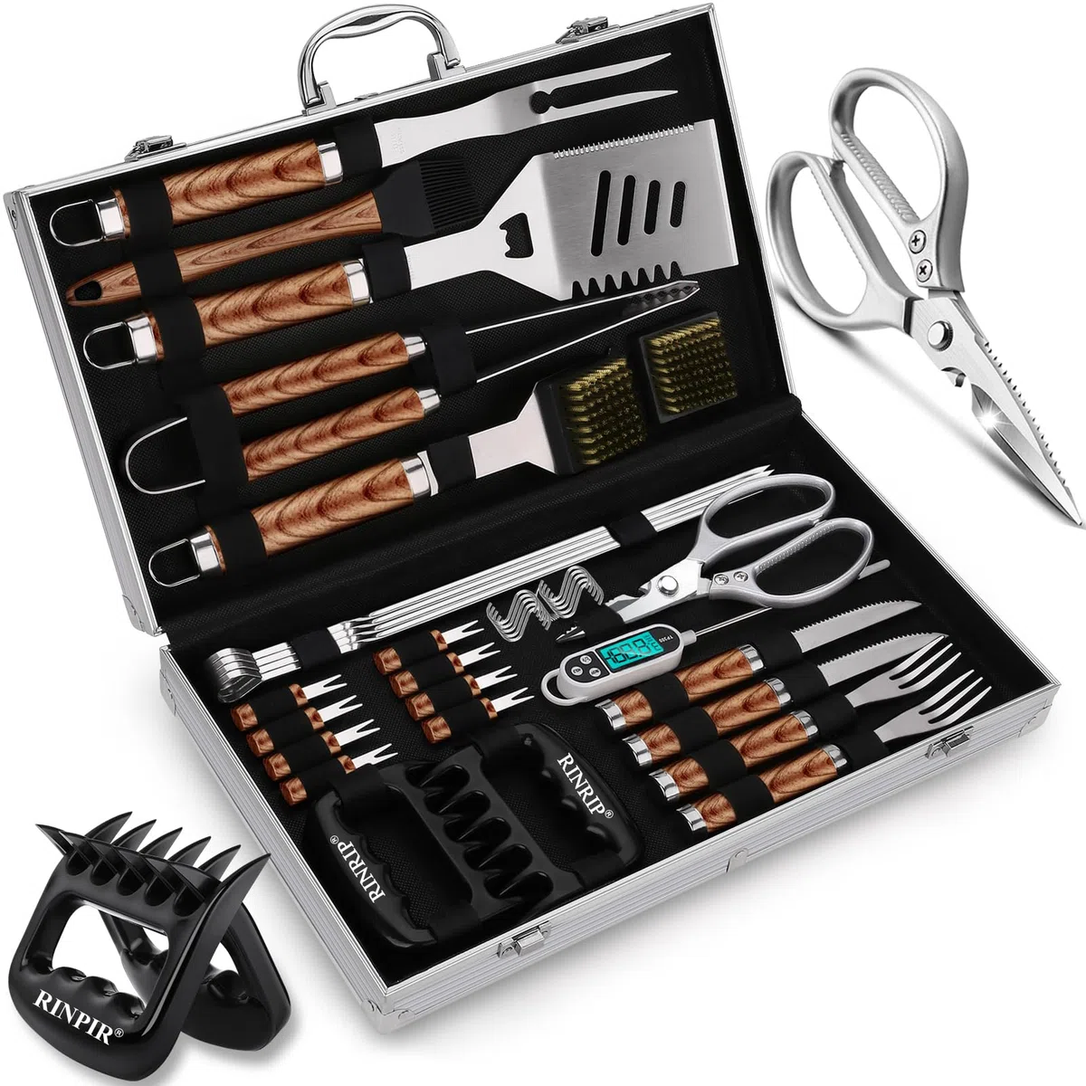 RINPIR 35pcs Grillwerkzeuge Geschenk-Set mit Schere für Männer Geburtstag Braun | Edelstahl-Grill-Zubehör-Set für den Vatertag, professionelle Grillutensilien mit Aluminiumkoffer für Outdoor-Camping