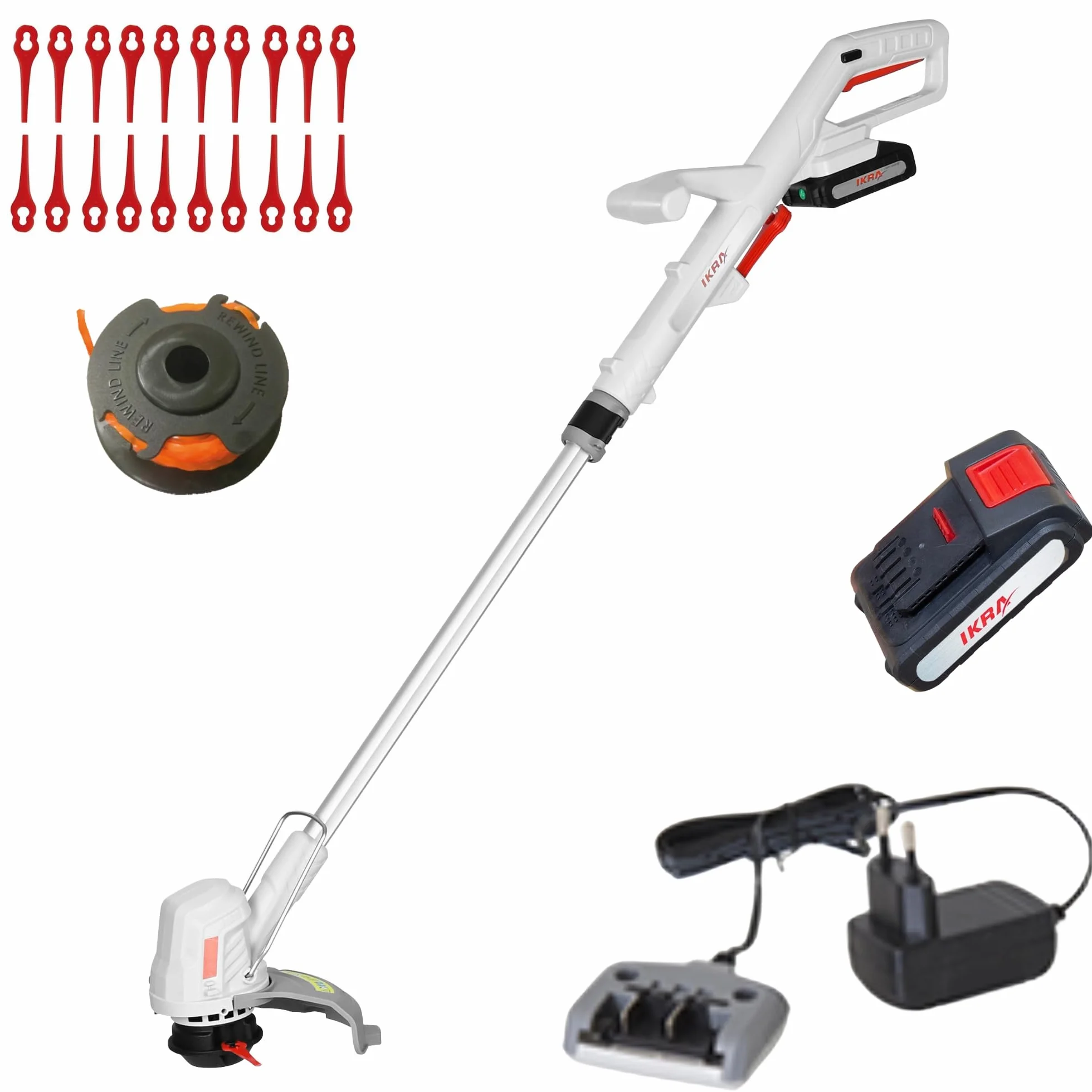 IKRA 2in1 Akku Rasentrimmer IART 2025 inkl. Fadenspule & 20 Nylonmesser | Inkl. Akku 20V 2,0Ah & Ladegerät, 2 Schneidsysteme, Teleskop-Höhenverstellung, 1,9kg leicht, 20 Volt Akku-Familie von IKRA