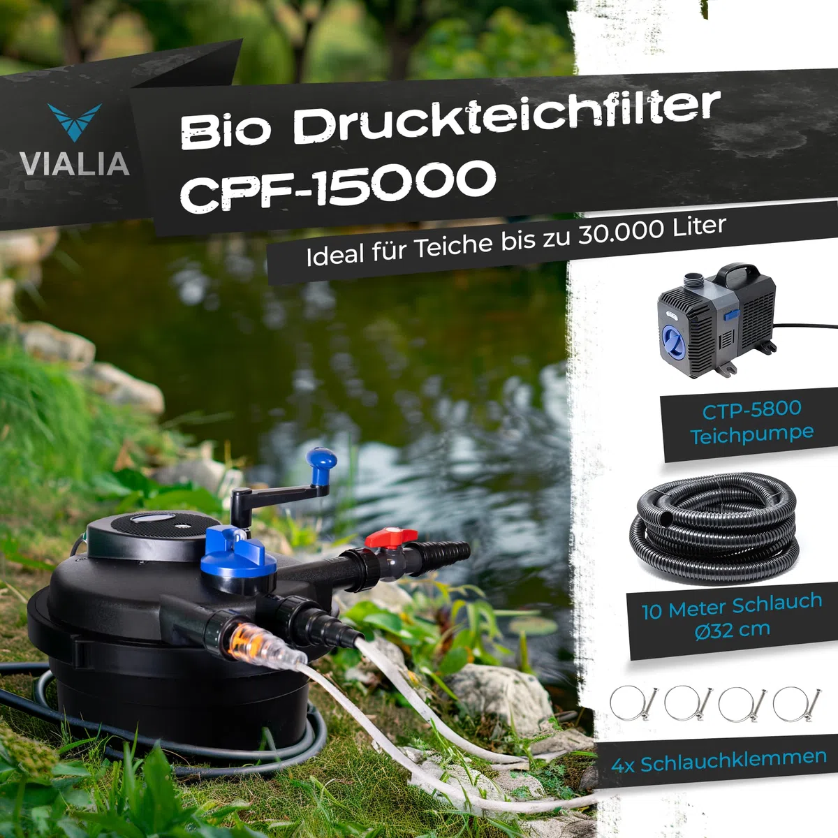 Teich Filteranlage Set 4 | Druckfilter CPF-15000 mit 18W UVC | Für Teiche bis 30.000L | Inkl. Pumpe CTP-5800 (5200L/h) & 10m Schlauch | Einfache Reinigung durch Rückspülfunktion