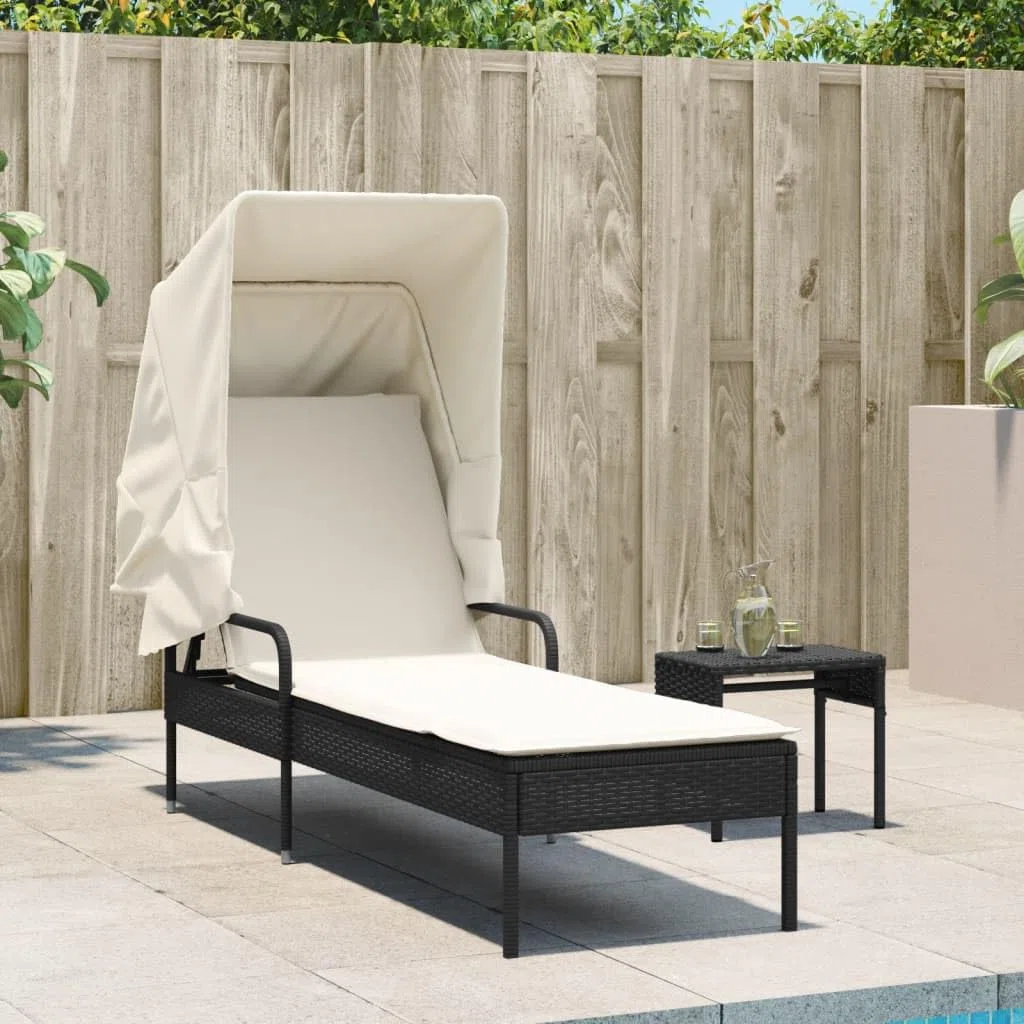 Sonnenliege mit Dach und Tisch Schwarz Poly Rattan Verstellbar Gartenliege Klappbar für Terrasse Balkon Pool Outdoor Camping Relaxliege mit Auflage
