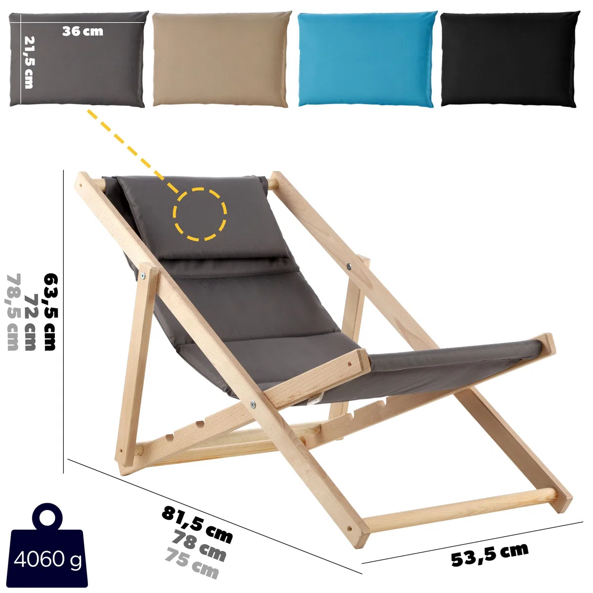KADAX Liegestuhl, Strandstuhl aus Holz, Sonnenliege bis 120kg, Liege aus Buchenholz, Holzklappstühle, Strandliege, Klappliege für Strand, Holz-Liegestuhl (Mit Kopfstütze, Grau)