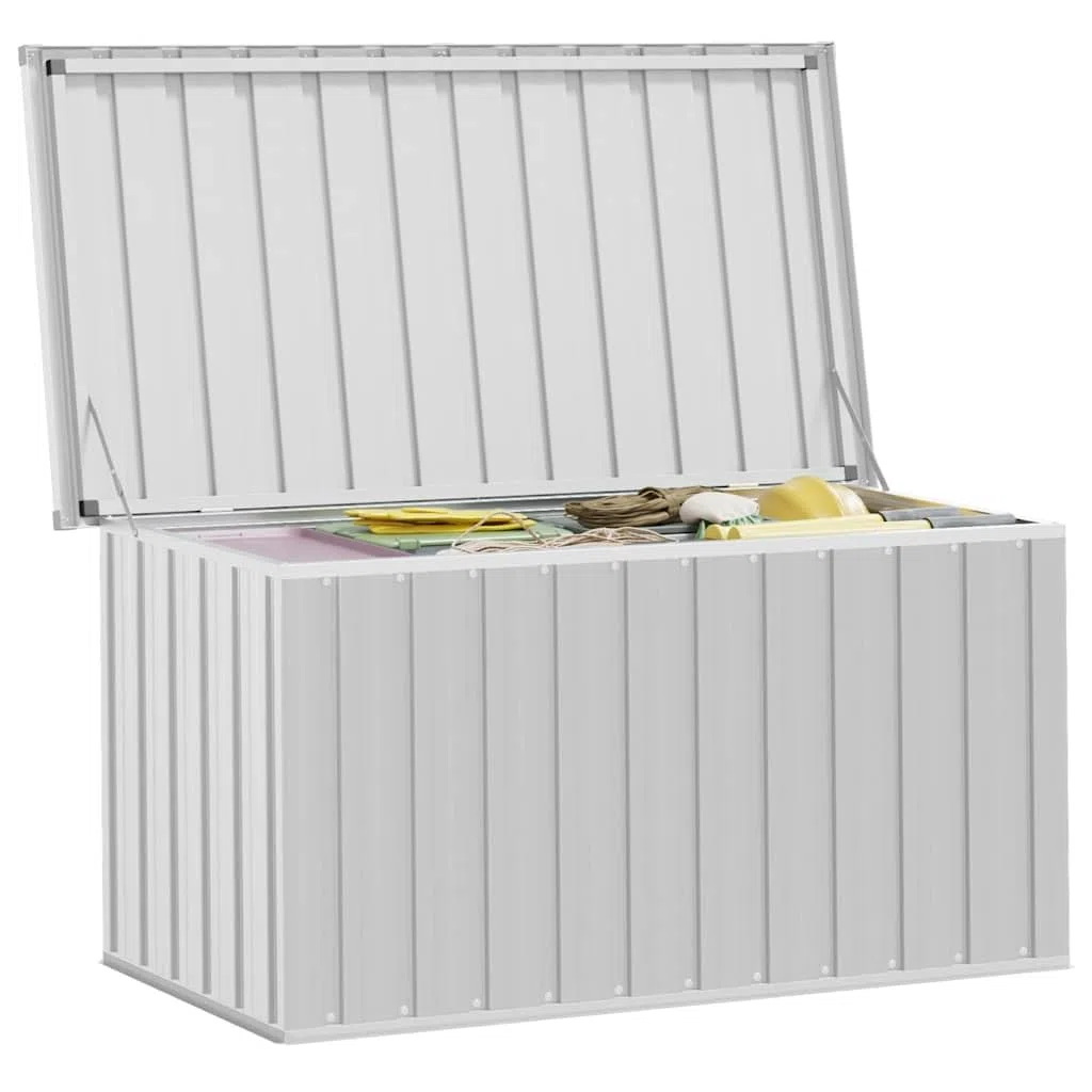 Gartenbox Grau 129x67x65 cm Stilvolle Aufbewahrungsbox für Terrasse Balkon Garten, Robustes Verzinktes Stahlgehäuse, Geräumige Lagerung für Kissen Werkzeug Gartengeräte,