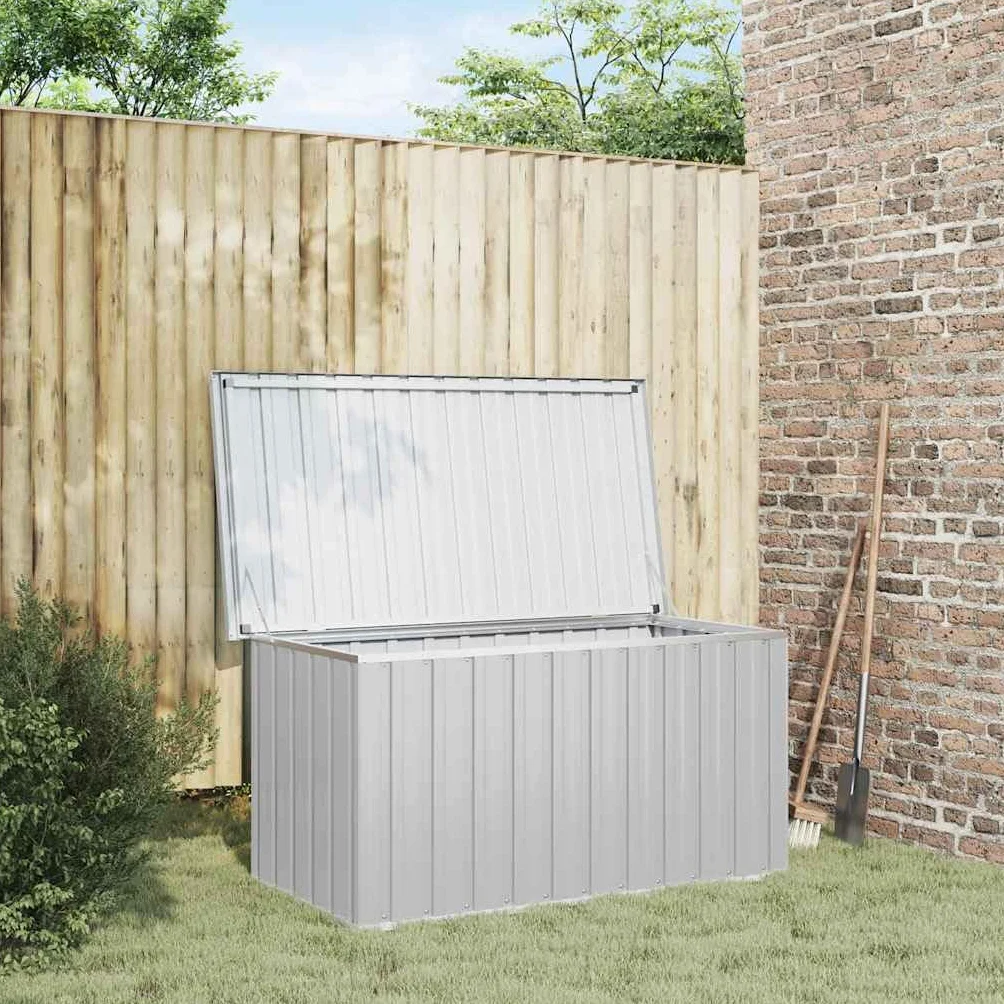 Gartenbox Grau 129x67x65 cm Stilvolle Aufbewahrungsbox für Terrasse Balkon Garten, Robustes Verzinktes Stahlgehäuse, Geräumige Lagerung für Kissen Werkzeug Gartengeräte,