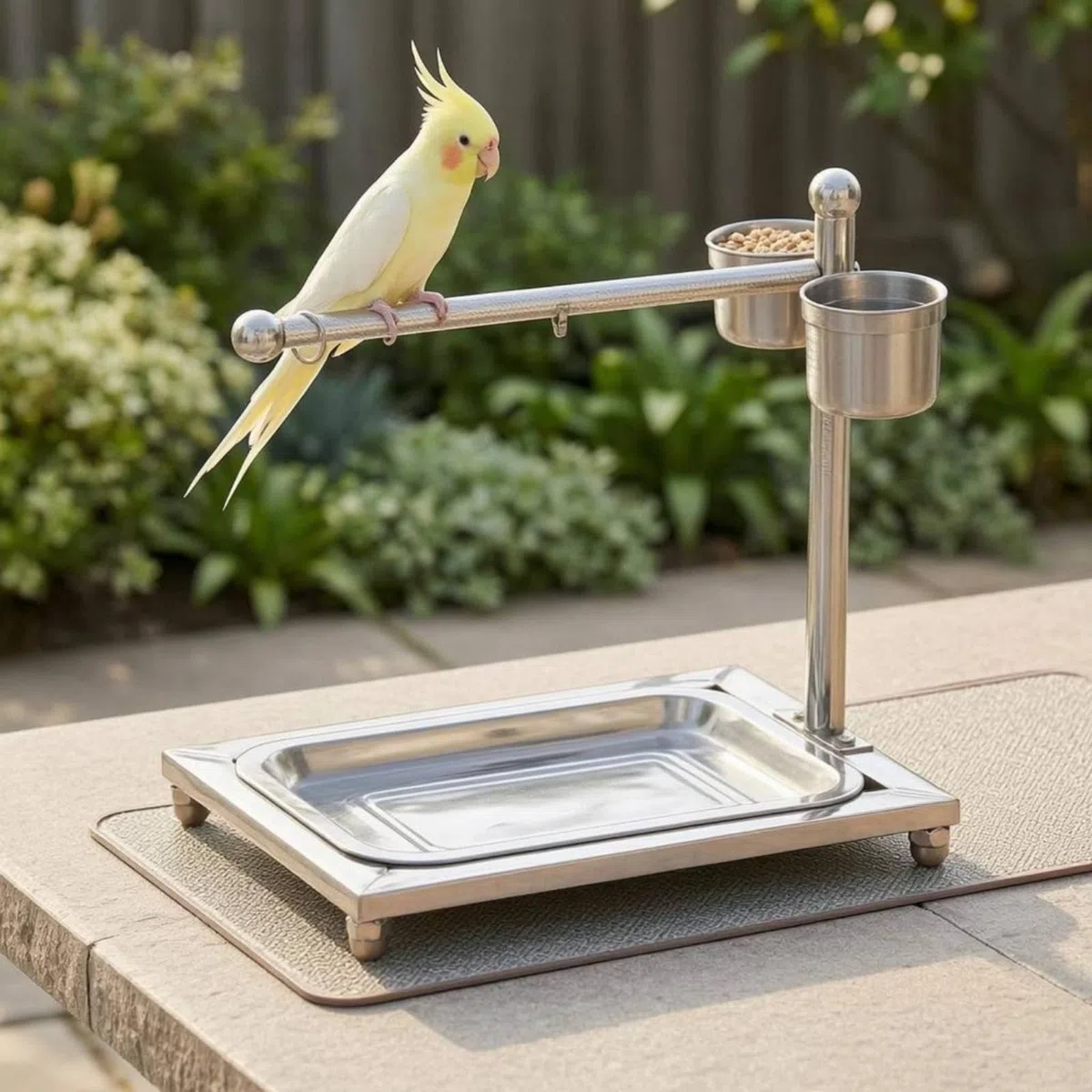 Colcolo Vogel Trainingsstand Edelstahl Vogel Ständer Papageien Sitzstange Futterstation Abnehmbare Konstruktion für Vogelpflege Tägliche Aktivität Haustierbedarf, 49x38x77