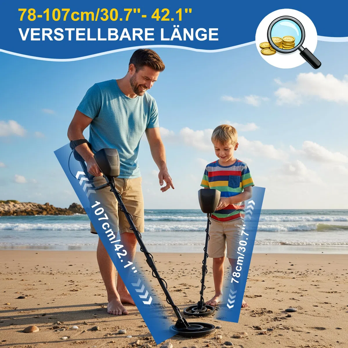 Metalldetektor, Metalldetektor Profi für Erwachsene Anfänger und Kinder - Leichter Hochpräziser Metalldetektoren mit Schaufel, Batterie & Wasserdichter Suchspule verstellbarem Länge (78–107 cm)