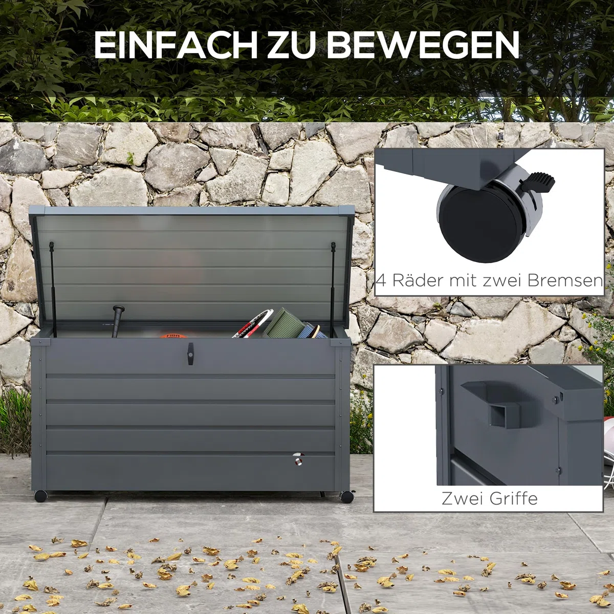 Outsunny Gartenbox Metall 311 Liter mit Griffen 120 x 62cm Dunkelgrau | Auflagenbox, Rollen, Schloss, Wasserdicht, Abschließbar, Gartentruhe, Outdoor Kissenbox, Wetterfest, für Garten Balkon