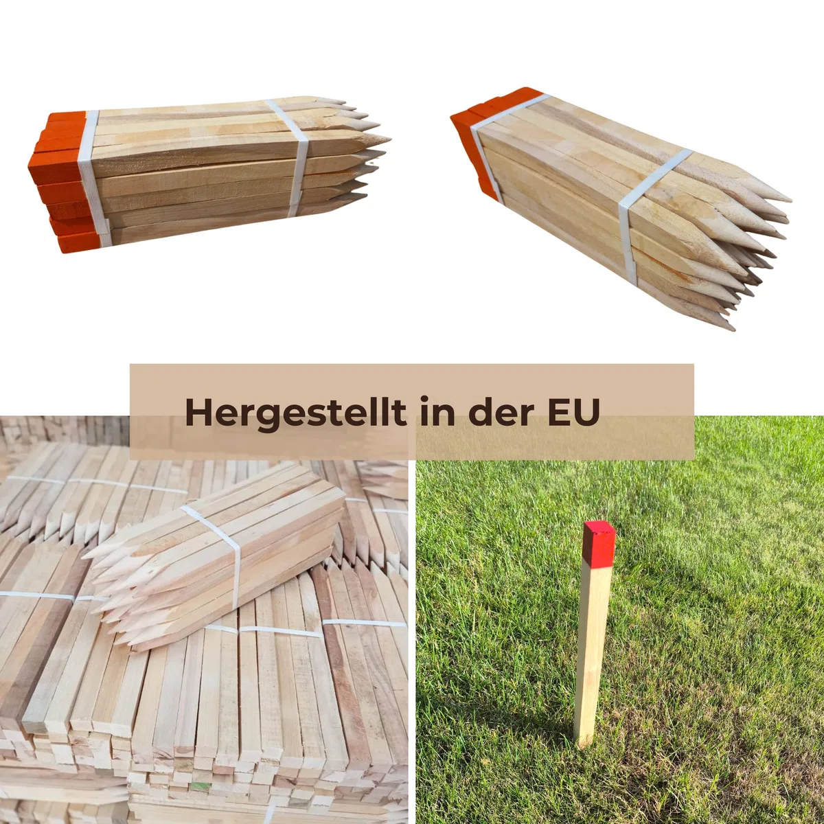 50 Stück Holzpfähle aus Buche Rot Lackierter Spitze Quadratisch Längen 40 cm Markierungspfosten Holz Robuste Holzpflöcke Pflanzstäbe Zaunpfosten Vermessungspfosten 25 mm x 25 mm