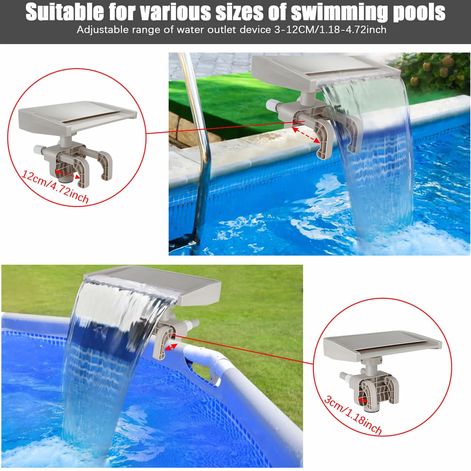 Gonetre Für Pool-Wasserfälle, Wasserfall-Poolbrunnen, abnehmbare, tragbare Halterung, separate Düsen, entspannender Wasserfall, oberirdischer Poolbrunnen, Überlauf, Befestigung aus