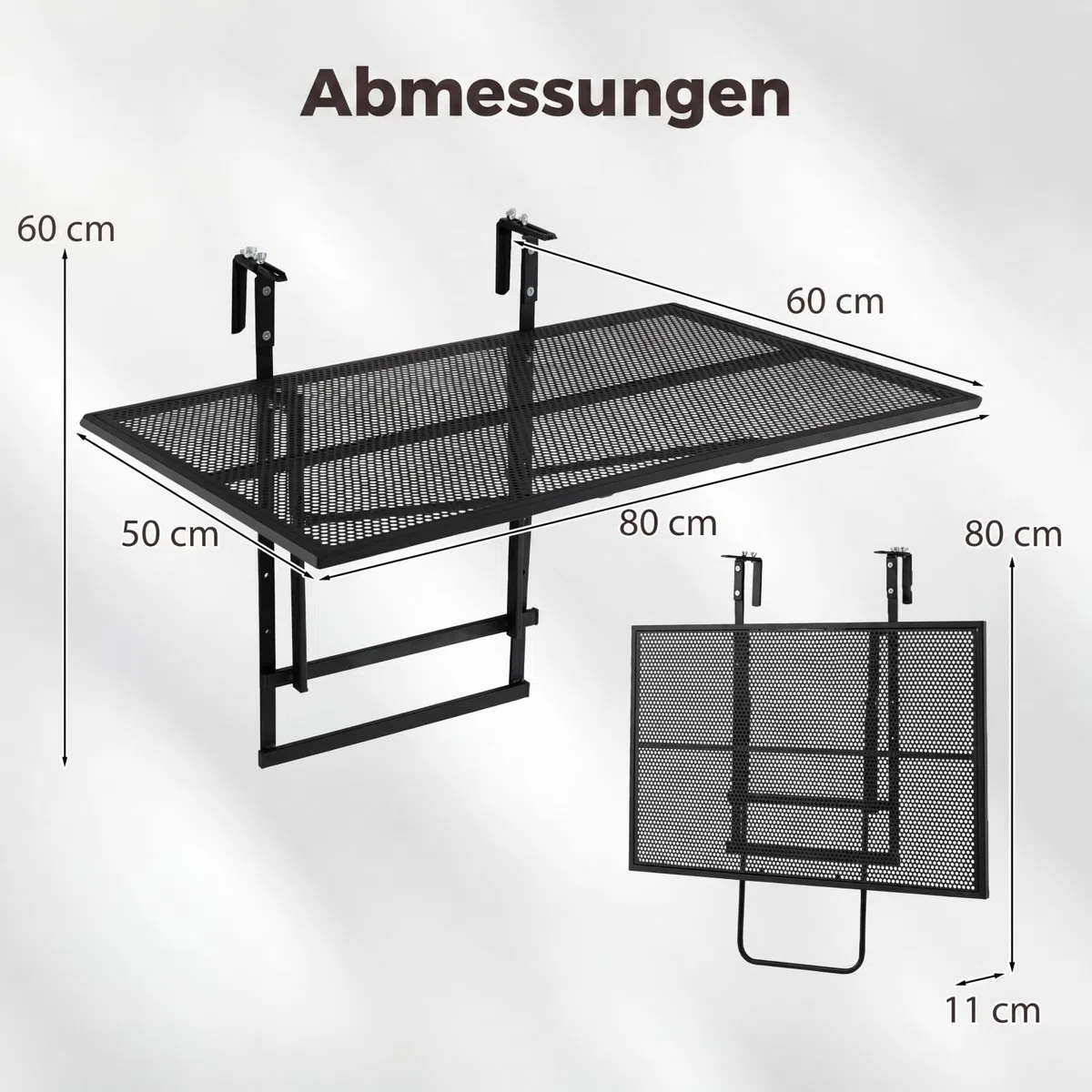 COSTWAY Balkontisch klappbar, 80x50 cm, Balkonhängetisch zum Einhängen, 5-Fach höhenverstellbar, Klapptisch aus Metall, rechteckiger Hängetisch für Balkon, 24 kg Tragfähigkeit, Schwarz