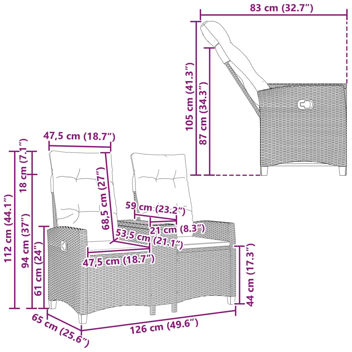 Liegebank mit Tisch Schwarz und Cremeweiß Poly-Rattan Gartenbank 126 x 65 x 112 cm Outdoor Möbel mit Verstellbarer Rückenlehne und integriertem Tisch für Terrasse und Gartenkomfort
