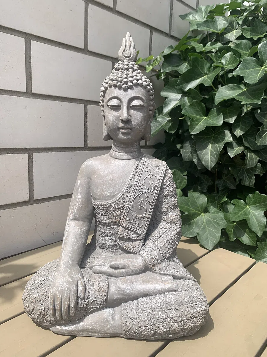 K&L Wall Art Große Buddhastatue Beton Grau Kunststein Buddha Feng Shui Deko Figur Garten Statue (45 cm Höhe, grau)