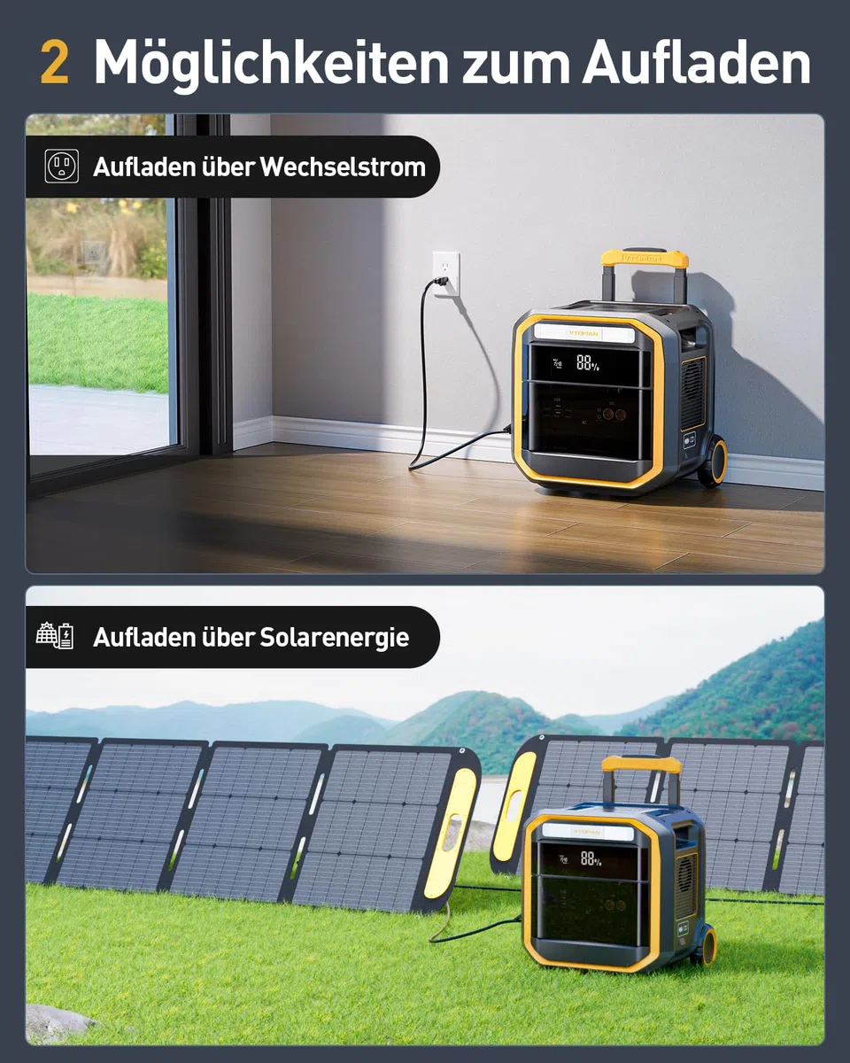 VTOMAN FlashSpeed Pro 3600 Tragbare Powerstation mit 2*200W Pro Solarpanel | 3600W Solargenerator, 3096Wh LiFePO₄-Akku, Erweiterbar bis 6192Wh, Schnellladung in 2 Stunden für Camping, Notfall, Reise