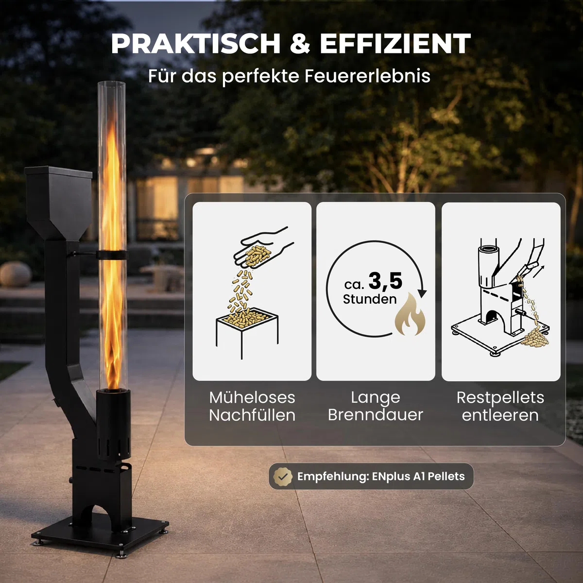 Lemodo Pelletfackel Prime XL, Feuersäule Outdoor mit Glasröhre, für Garten & Terrasse, für Holzpellets, stimmungsvolle Flamme, stilvoller Blickfang für gemütliche Abende (Prime XL)