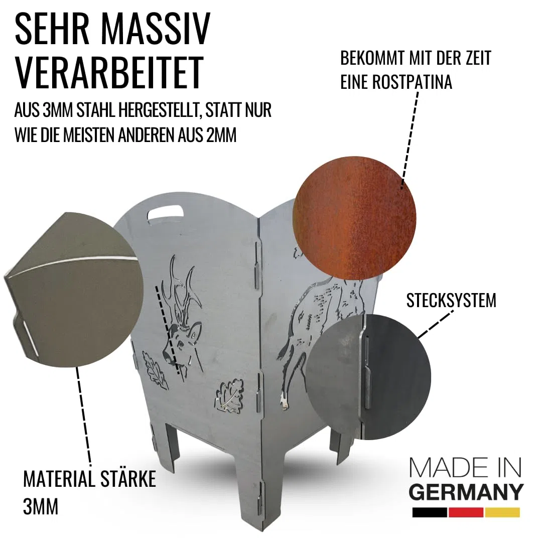 Terma Stahldesign Feuerkorb Jäger Wildschwein Rehbock 70 cm Feuertonne massiv Stahl Feuerstelle Garten Terrasse zerlegbar optional Feuerplatte Handmade Germany
