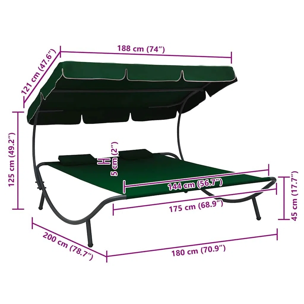 Sonnenliege mit Sonnendach und Kissen in Grün für Garten, Terrasse und Strand, wetterfeste Doppel-Liege mit Polstern, verstellbarem Dach, Schutzabdeckung, ideal für Erholung im Freien