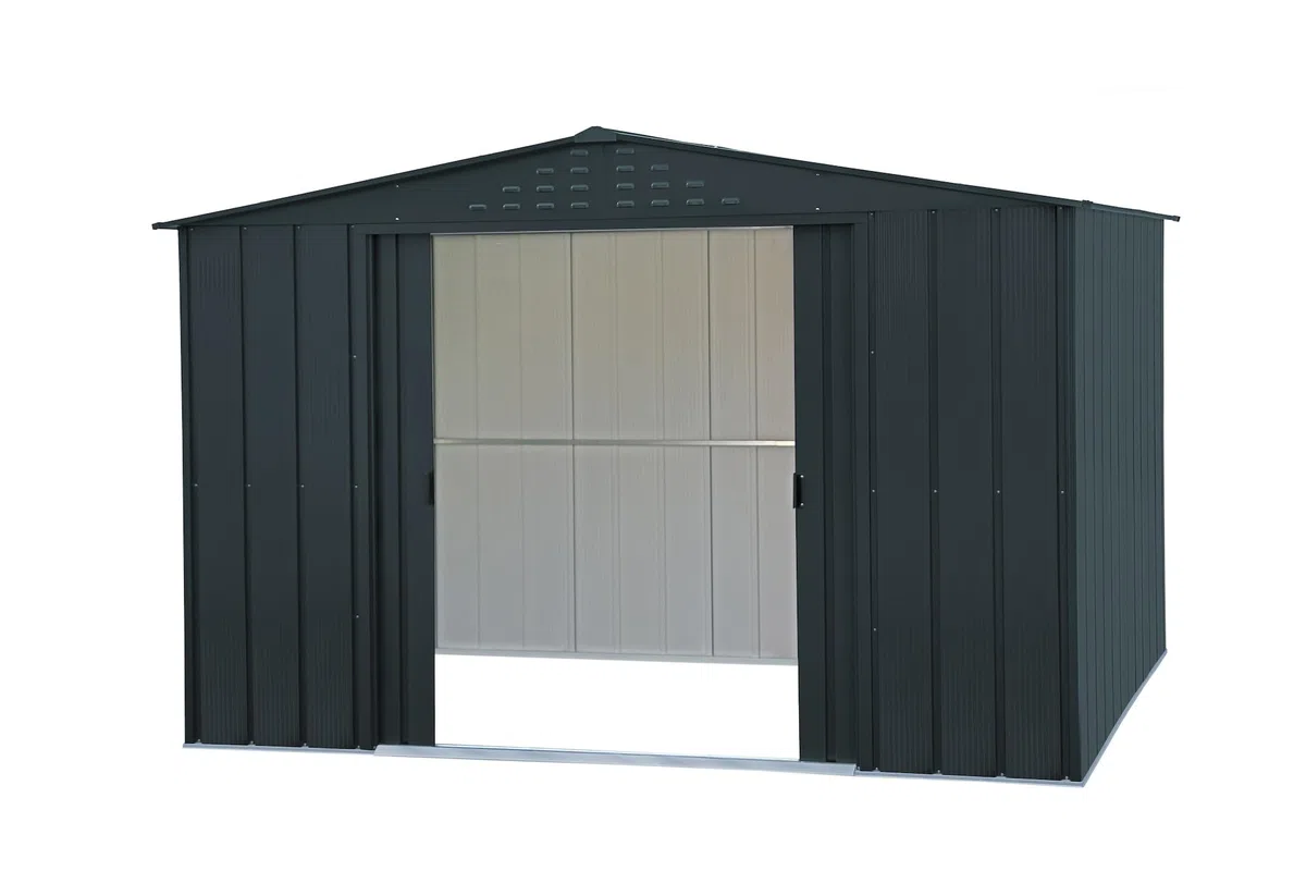 Duramax TOP 10 x 8 (7.28 m²) Metall gerätehaus, hergestellt aus verzinktem Stahl, verstärkte Dachkonstruktion, wartungsfreies und witterungsbeständiges Metallgerätehaus, Geräteschuppen, Anthrazit