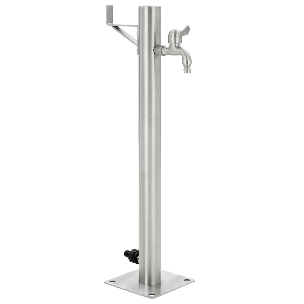 Garten-Wassersäule Edelstahl rund 65 cm mit Wasserhahn, Anschluss für Gartenschlauch und Bewässerungssystem, inklusive Teflonrollen, ideal für Terrasse, Balkon und Beet