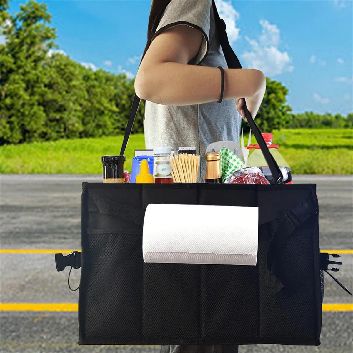 Grill-Werkzeugtasche – Kochutensilien-Organizer mit stabilem Griff | Papierhandtuchhalter, faltbare Bestecktasche für Bratpfannen