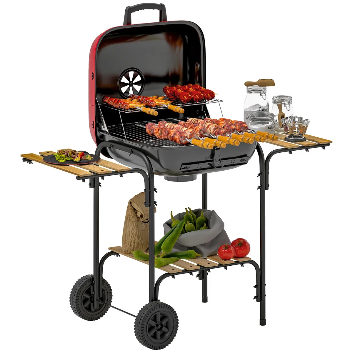 Outsunny Holzkohlegrill Tragbarer BBQ Grill mit 1840cm² Kochfläche, 3 Ablagen, verstellbarer Entlüftung, abschließbarer Deckel, Räder für Kochen im Freien, Gartenparty, Rot | 1840 cm² Kochfläche, verstellbarer Lüftungsschlitz, verschließbarer Deckel, Räde