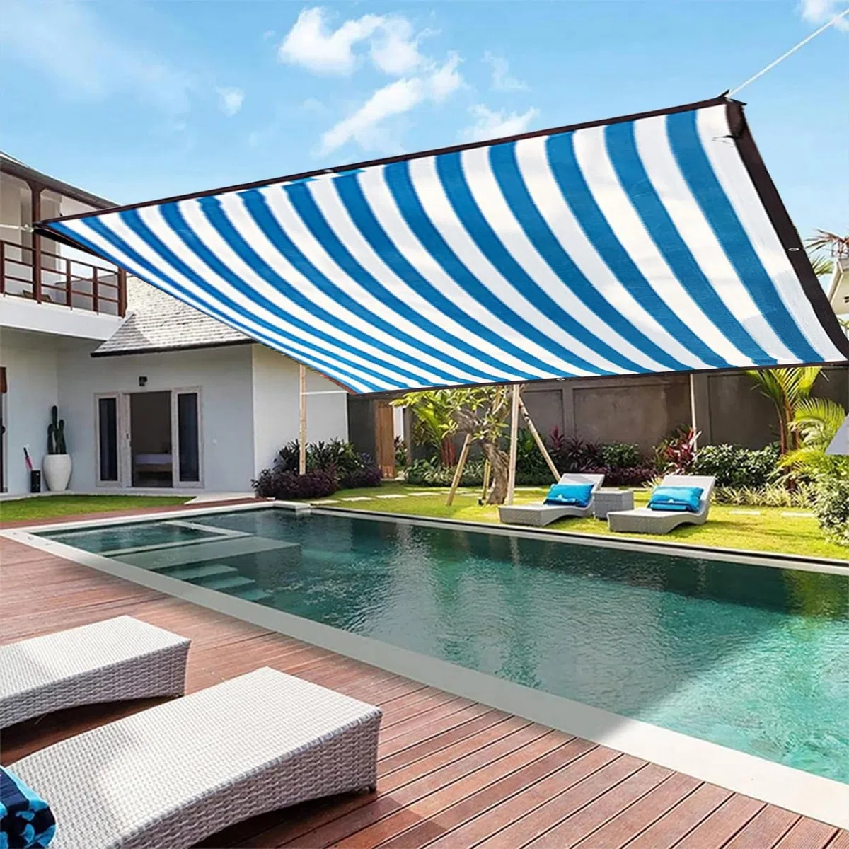 Segeltuch mit ösen und Befestigungsseile - 10x10m - 65% Beschattungsrate, Kratzfest - Schattiernetz - Sonnensegel für Gewächshaus Garten Gemüseg, Blaue Streifen