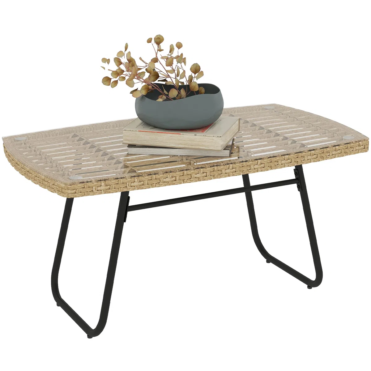 Outsunny Polyrattan Gartentisch 90 x 50 x 45 cm UV-beständig Naturholz | Beistelltisch mit Glasplatte, Rechteckiger Terrassentisch, Balkontisch für Garten, Terrasse, Balkon