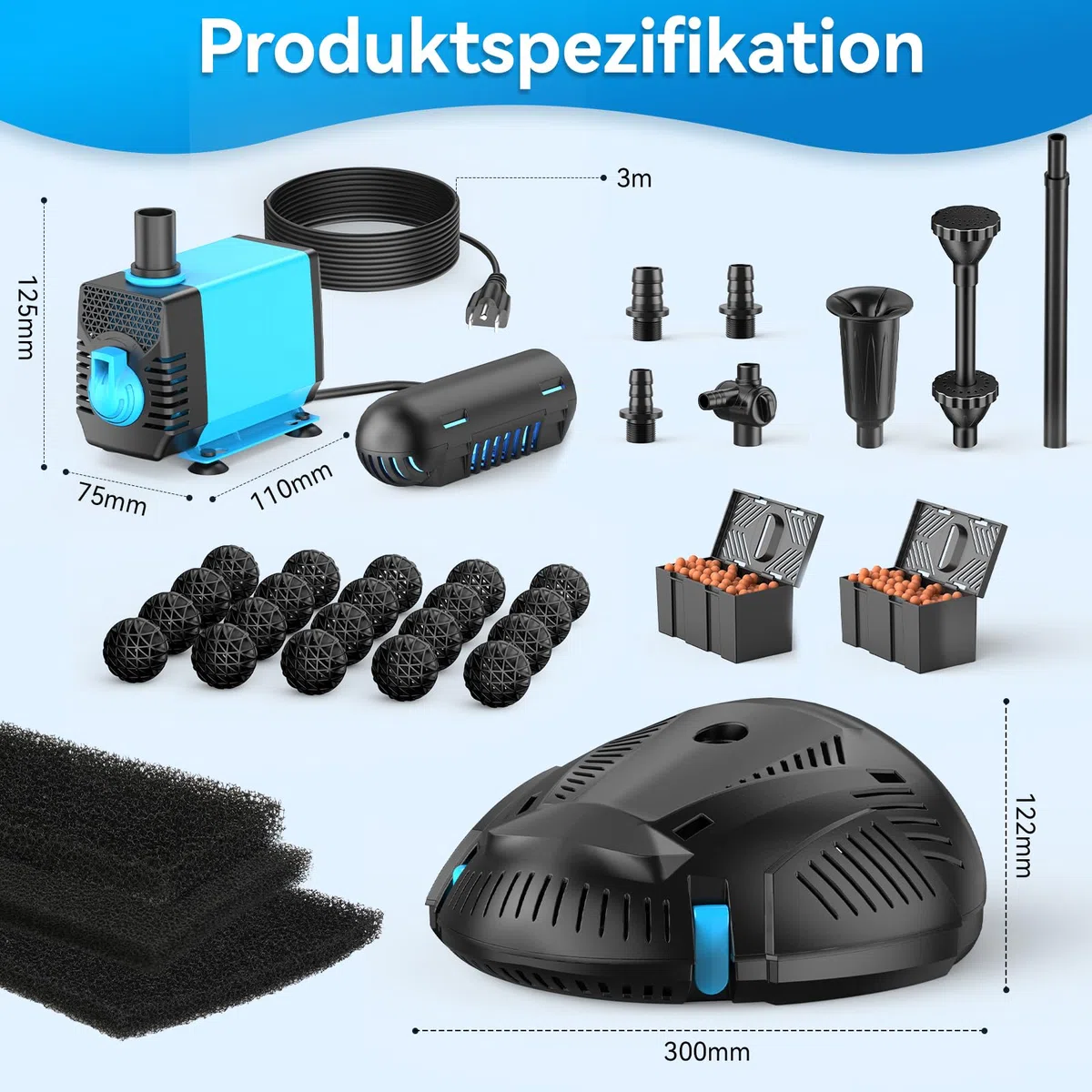 POPOSOAP Teichfilter mit integriertem UV-Klärer und Springbrunnen-Set | 2500 l/h 40W Teichfilter Komplettset mit Pumpe zur Wasserklärung, Gartenteich, Aquarium, Wasserspiele