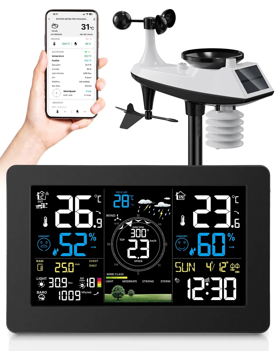 WLAN Wetterstation mit Außensensor, 11-in-1 Profi Funkwetterstation mit Windgeschwindigkeit Windrichtung, Regenmesser, Temperatur, Luftfeuchtigkeit, Luftdruck, Wettervorhersage, UV-Index, Alarm