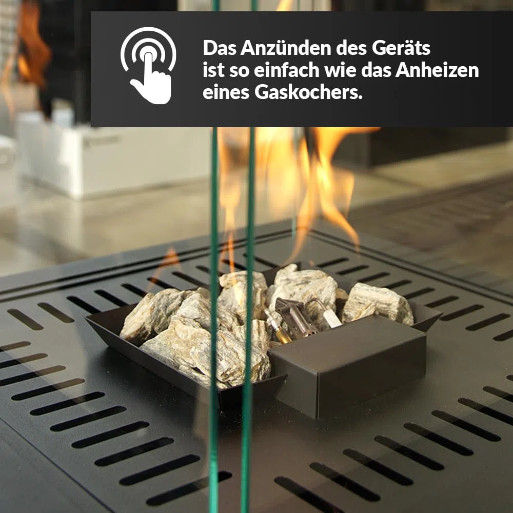 Kratki Patio Light Gas Terrassenheizer-Feuerstelle-Gaskamin-Aussenkamin -Terrassenkamin-Balkon-Gartenkamin-Gas-Gartenheizer auf Rädern- 8,2kW G30/50mbar Schwarz