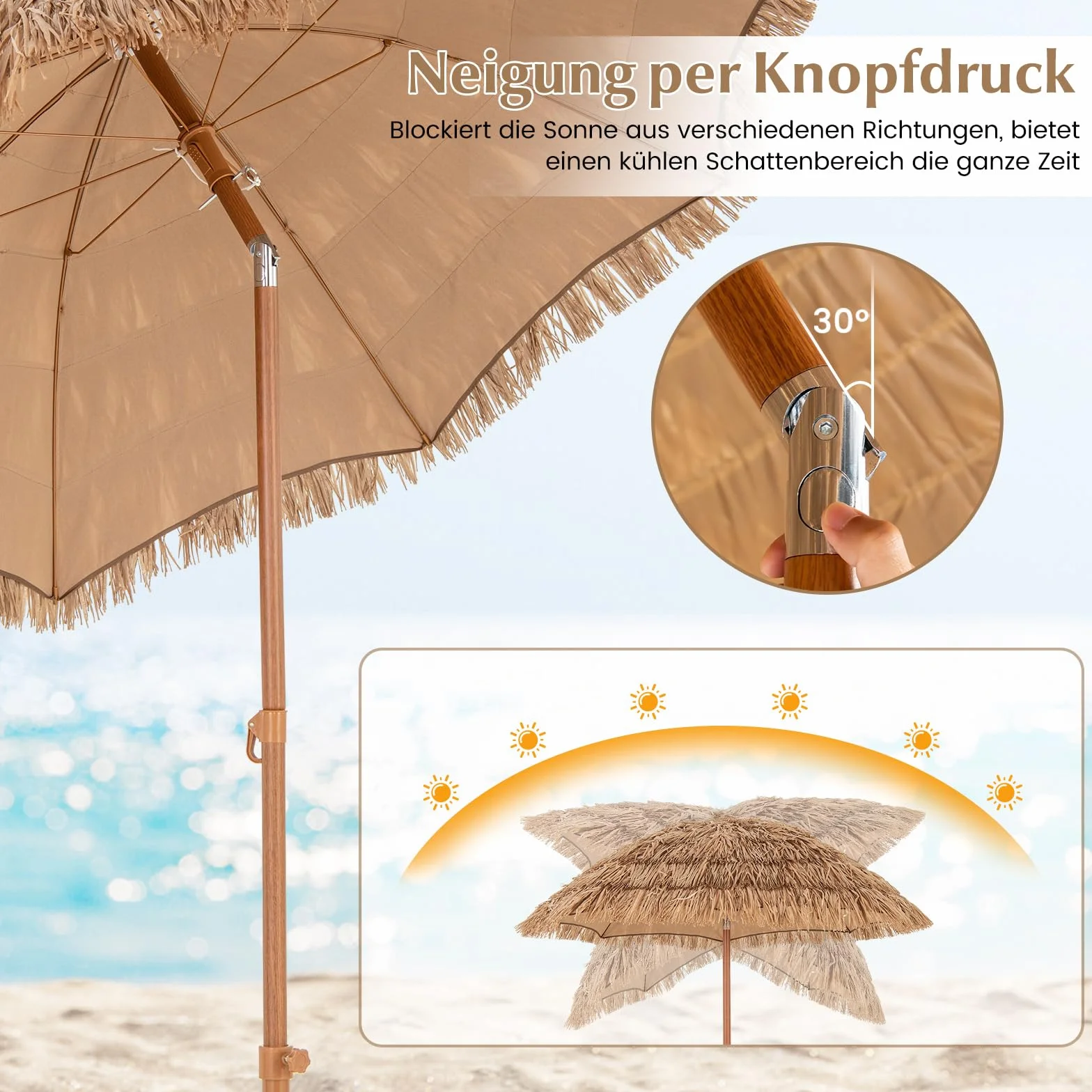COSTWAY Sonnenschirm Hawaii, Strohschirm mit klappbarem Ständer, Strandschirm Stroh neigbar, Gartenschirm, Marktschirm, Terrassenschirm mit Tragetasche für Garten, Strand, Pool